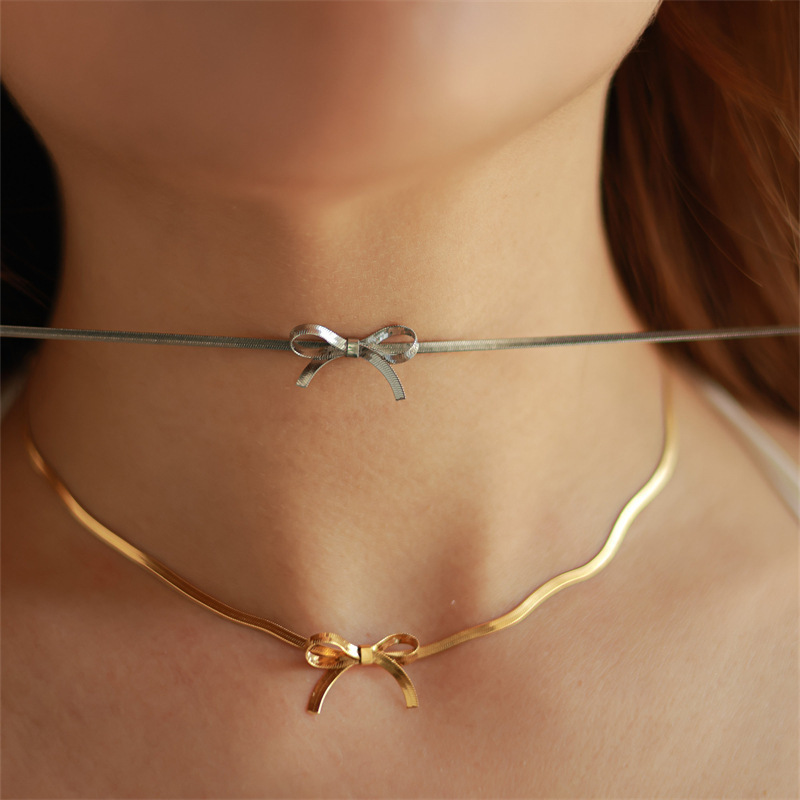 New Fashion Women Bow Knot Studs Earrings Knot Bow Necklace Bracelet Ring Gold Plated Stainless Steel Vintage Jewelry Set