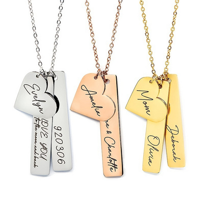 Personalized Customization Name Engraved Necklace Heart Charm Bar Pendant Stainless Steel Gold Engraving Jewelry for Gifts