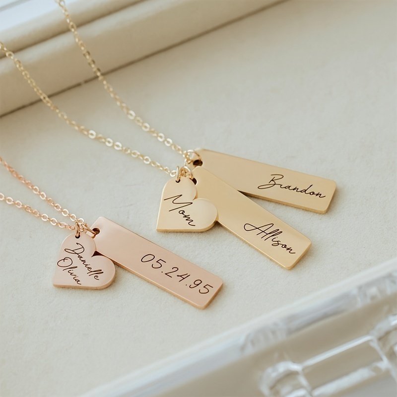 Personalized Customization Name Engraved Necklace Heart Charm Bar Pendant Stainless Steel Gold Engraving Jewelry for Gifts