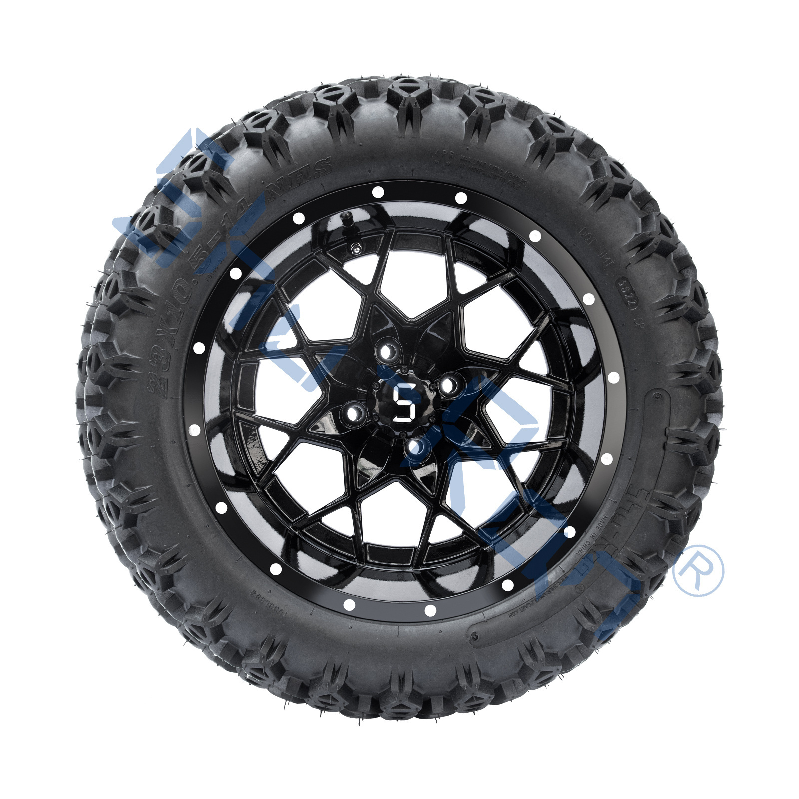 Shu-Ran Golf Cart Vortex 23x10.5-14 All Terrain Tires and 14 Inch Glossy Black Rims Combos