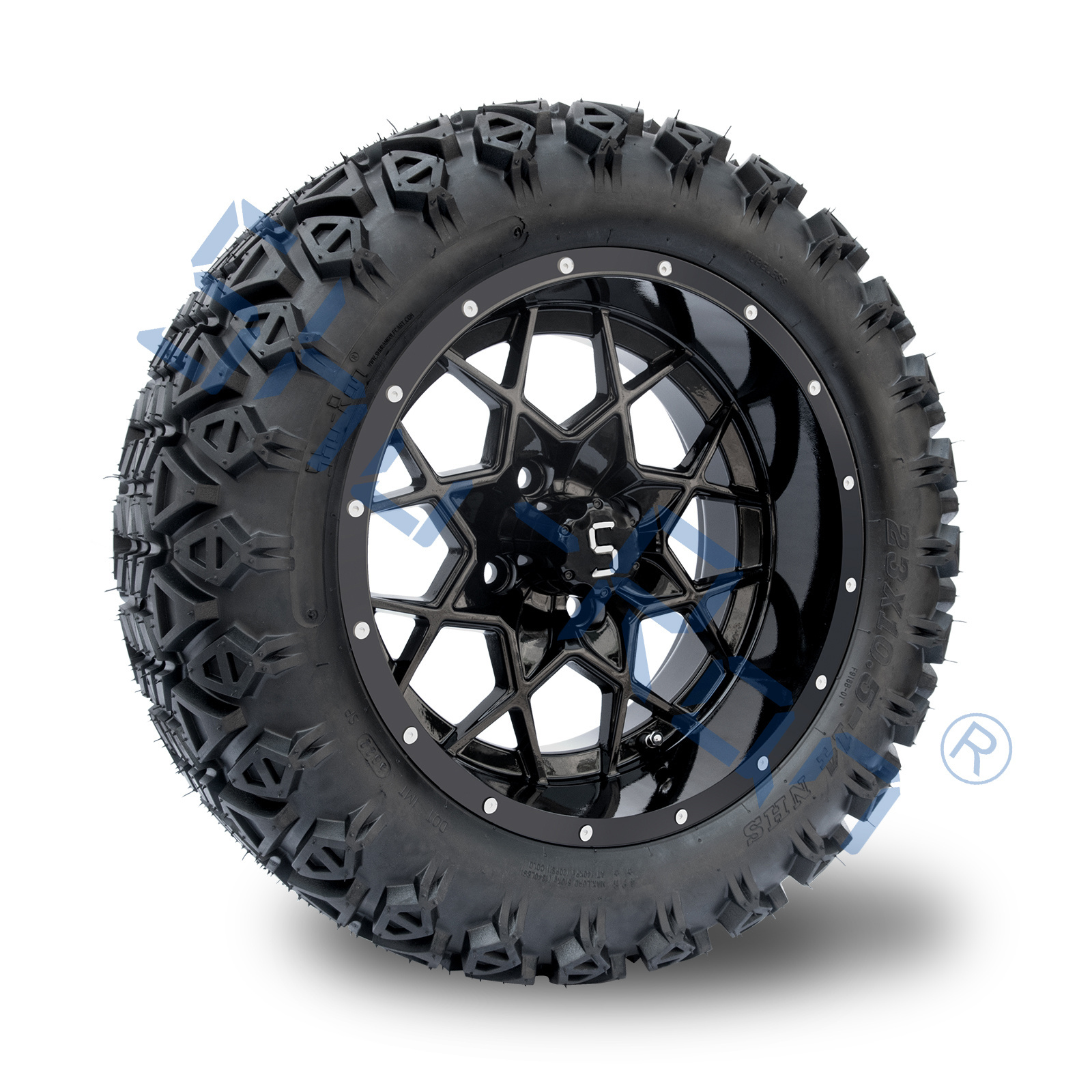 Shu-Ran Golf Cart Vortex 23x10.5-14 All Terrain Tires and 14 Inch Glossy Black Rims Combos