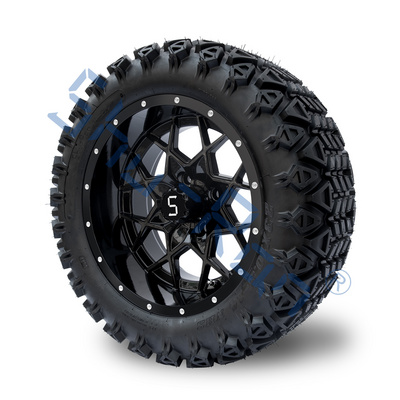 Shu-Ran Golf Cart Vortex 23x10.5-14 All Terrain Tires and 14 Inch Glossy Black Rims Combos