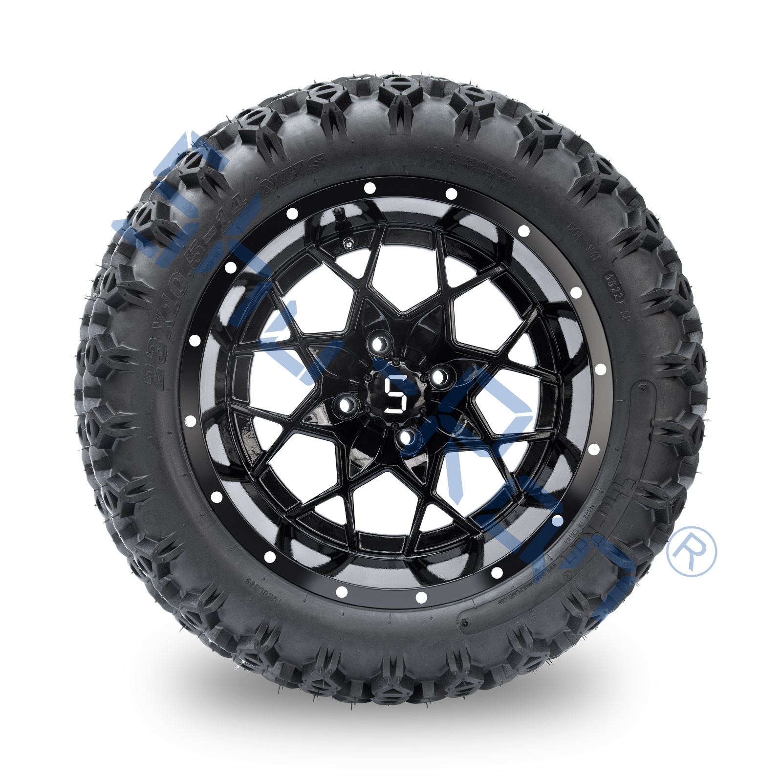 Shu-Ran Golf Cart Vortex 23x10.5-14 All Terrain Tires and 14 Inch Glossy Black Rims Combos