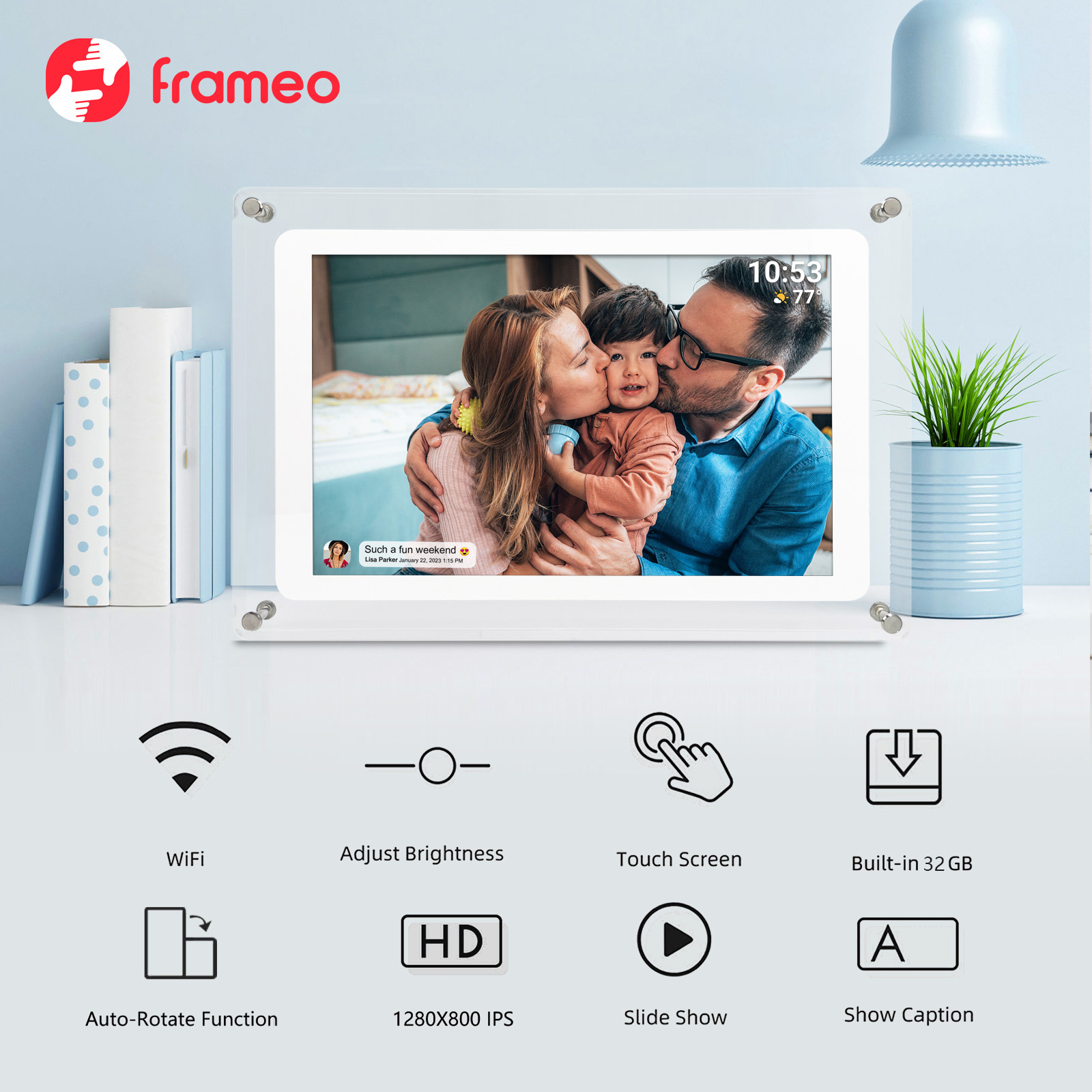 10.1 inch Frameo Acrylic WiFi Digital Photo Frame with 1280*800 IPS Touch Screen 32GB Storage Acrylic Digital photo frames Frame