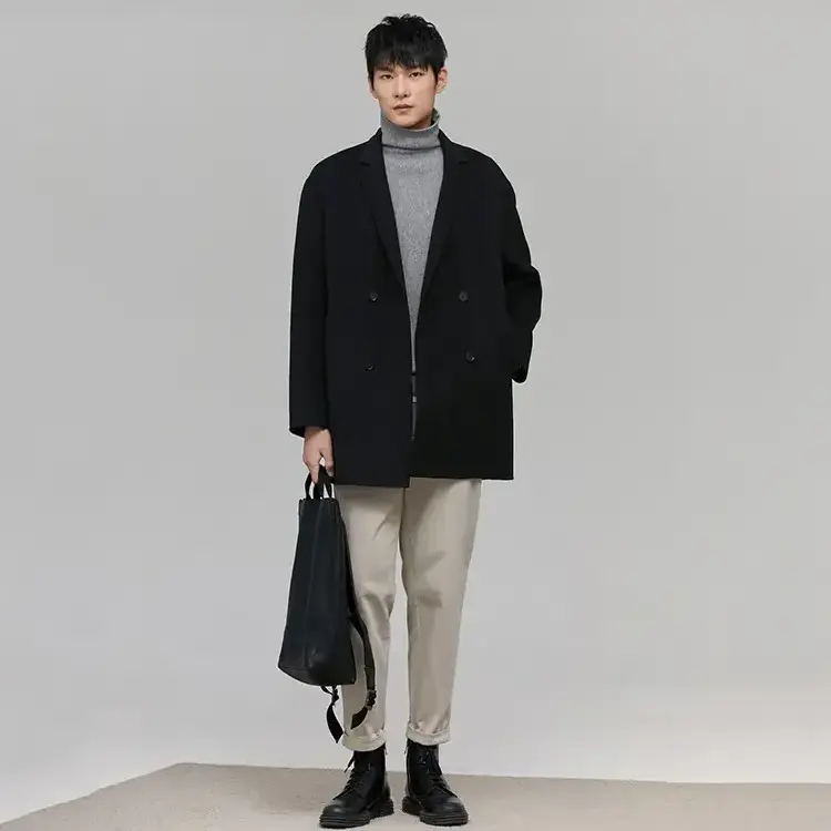 New Arrival Turn Down Collar Winter Green Black Solid Woolen Pea Coat Double Sided Men Cashmere Wool Coats