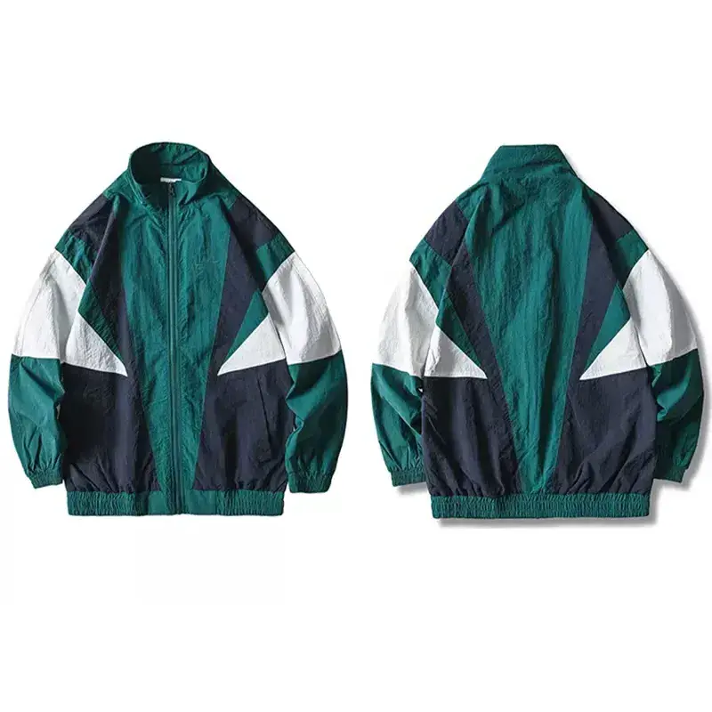 New Trend Casual Waterproof Windbreaker Breathable Wrinkled Polyester Color Block Patchwork Zip Up Track Men Plus Size Jacket