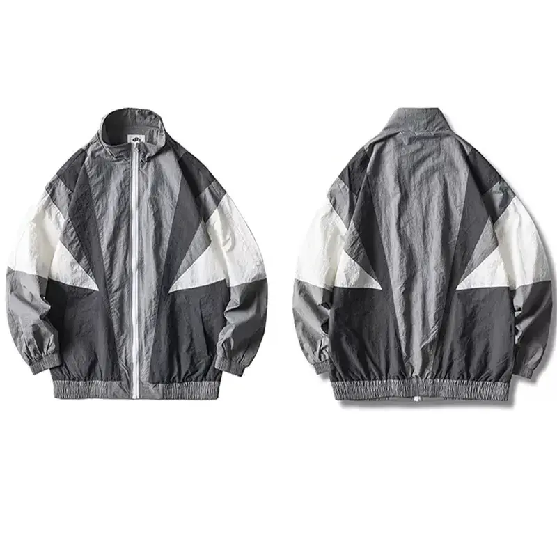 New Trend Casual Waterproof Windbreaker Breathable Wrinkled Polyester Color Block Patchwork Zip Up Track Men Plus Size Jacket