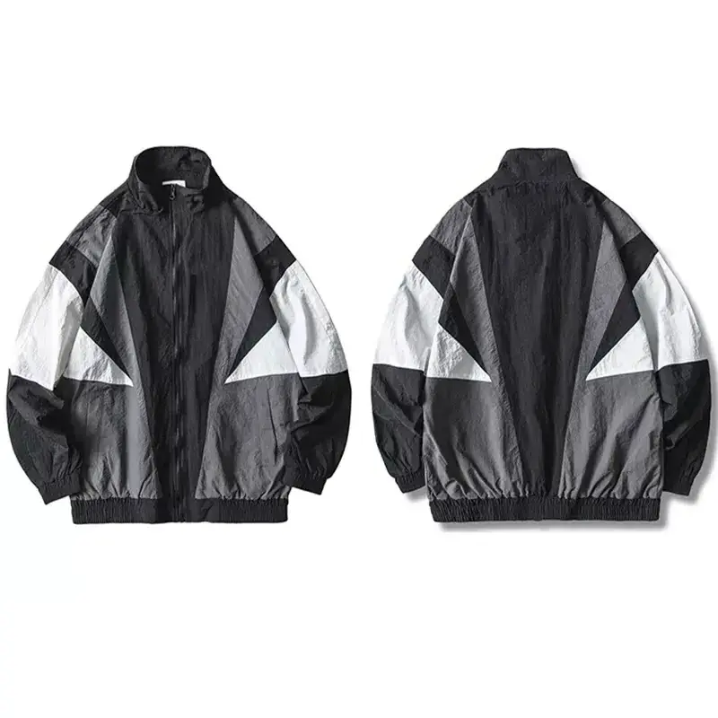 New Trend Casual Waterproof Windbreaker Breathable Wrinkled Polyester Color Block Patchwork Zip Up Track Men Plus Size Jacket