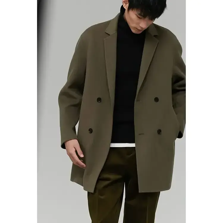 New Arrival Turn Down Collar Winter Green Black Solid Woolen Pea Coat Double Sided Men Cashmere Wool Coats