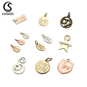 Custom made logo engraved cheap gold pendant metal jewelry tags charms for necklace / bracelet