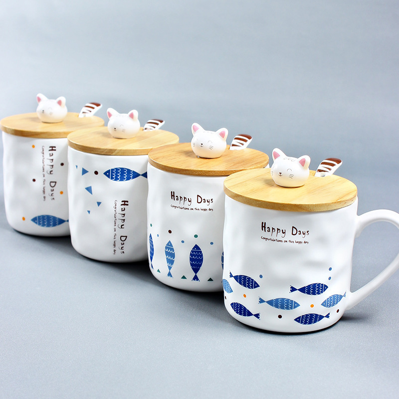 Japanese home creative cat and fish coffee mark ceramic mug cartoon with lid breakfast milk mug