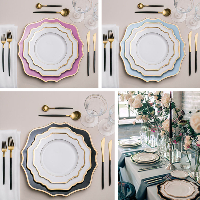 Hot Sale wedding pink and Gold Rim Sun Flower Porcelain decorative ceramic Dinner Plate Sets