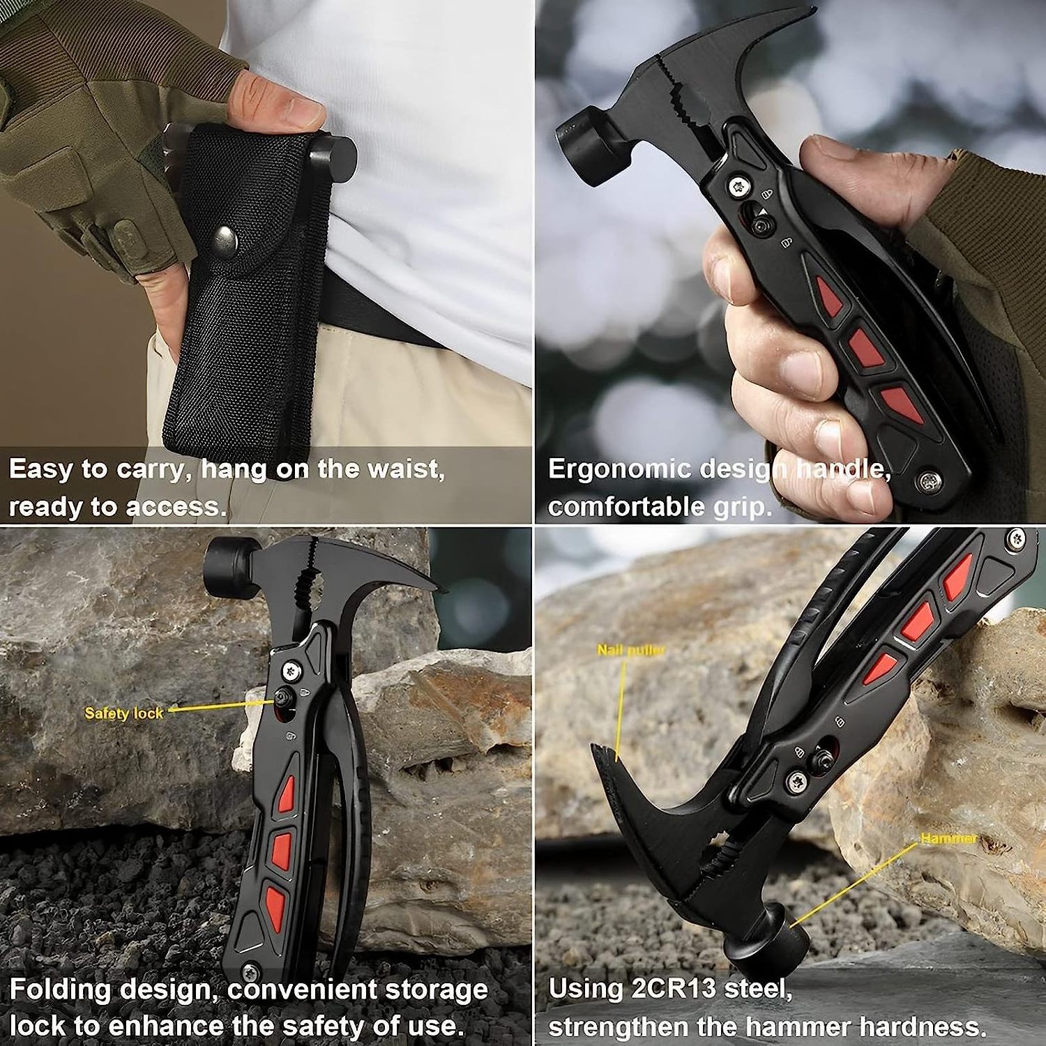 2024 New Multitool Hammer 12-In-1 Multifunctional Survival Hammer Tool Unique Gifts for Dad Grandpa Husband Boyfriend