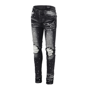 Popular Style Snow Wash Paint With Men Ripped Knee Jeans Streetweaar Stacked Fading  Black Jeans