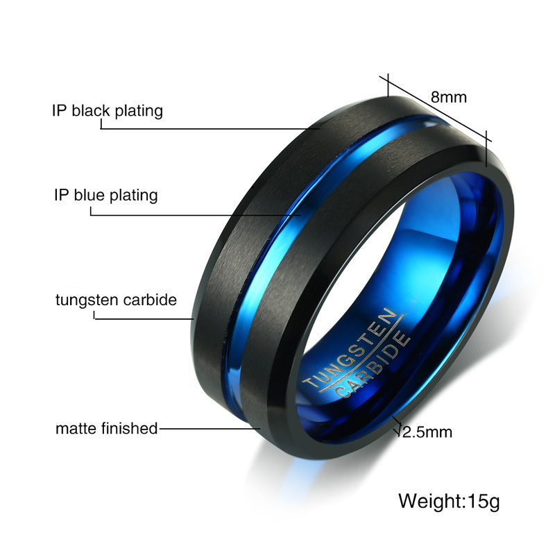 SSeeSY Anillo Custom Jewelry Hot Sale Men's Black Brushed Tungsten Carbide Wedding Bands Fluted Blue Tungsten Rings For Men