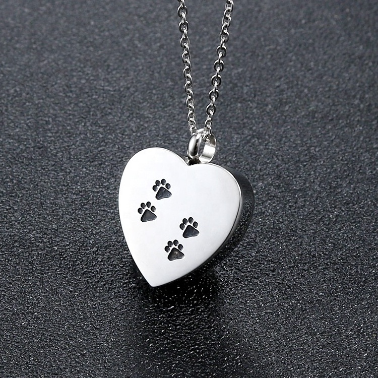 SSeeSY Custom logo Heart cremation pendant Memorial ash keepsake Puppy dog cat paw pet print Urn stainless steel pet necklace