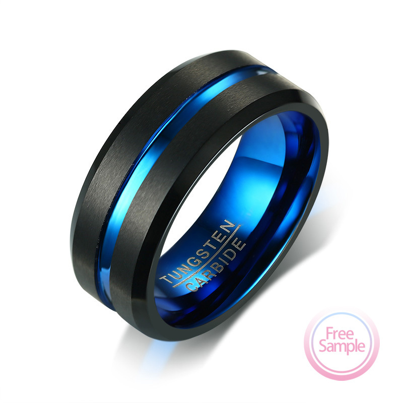 SSeeSY Anillo Custom Jewelry Hot Sale Men's Black Brushed Tungsten Carbide Wedding Bands Fluted Blue Tungsten Rings For Men