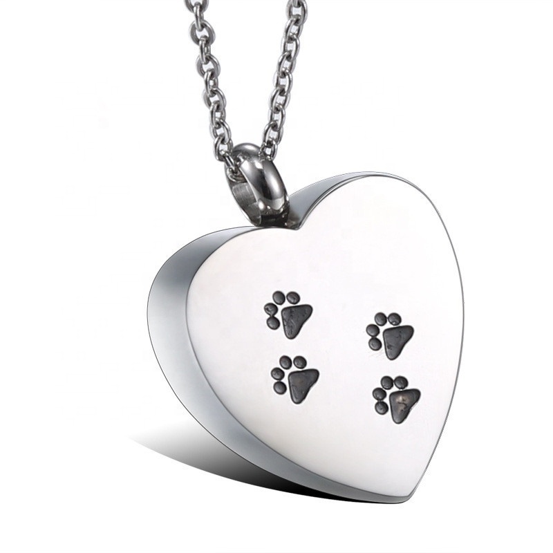 SSeeSY Custom logo Heart cremation pendant Memorial ash keepsake Puppy dog cat paw pet print Urn stainless steel pet necklace