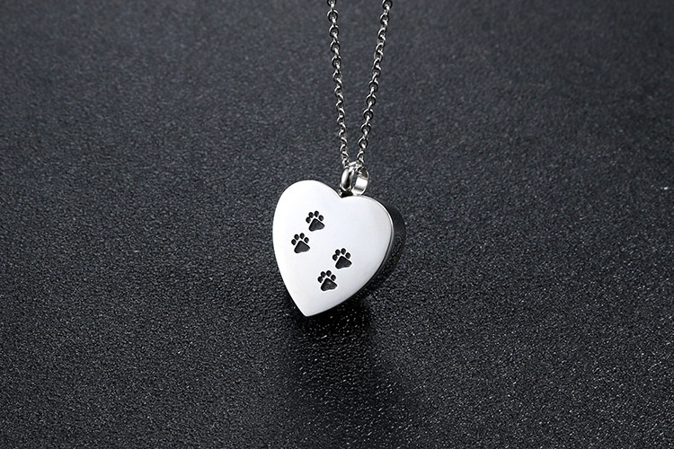 SSeeSY Custom logo Heart cremation pendant Memorial ash keepsake Puppy dog cat paw pet print Urn stainless steel pet necklace