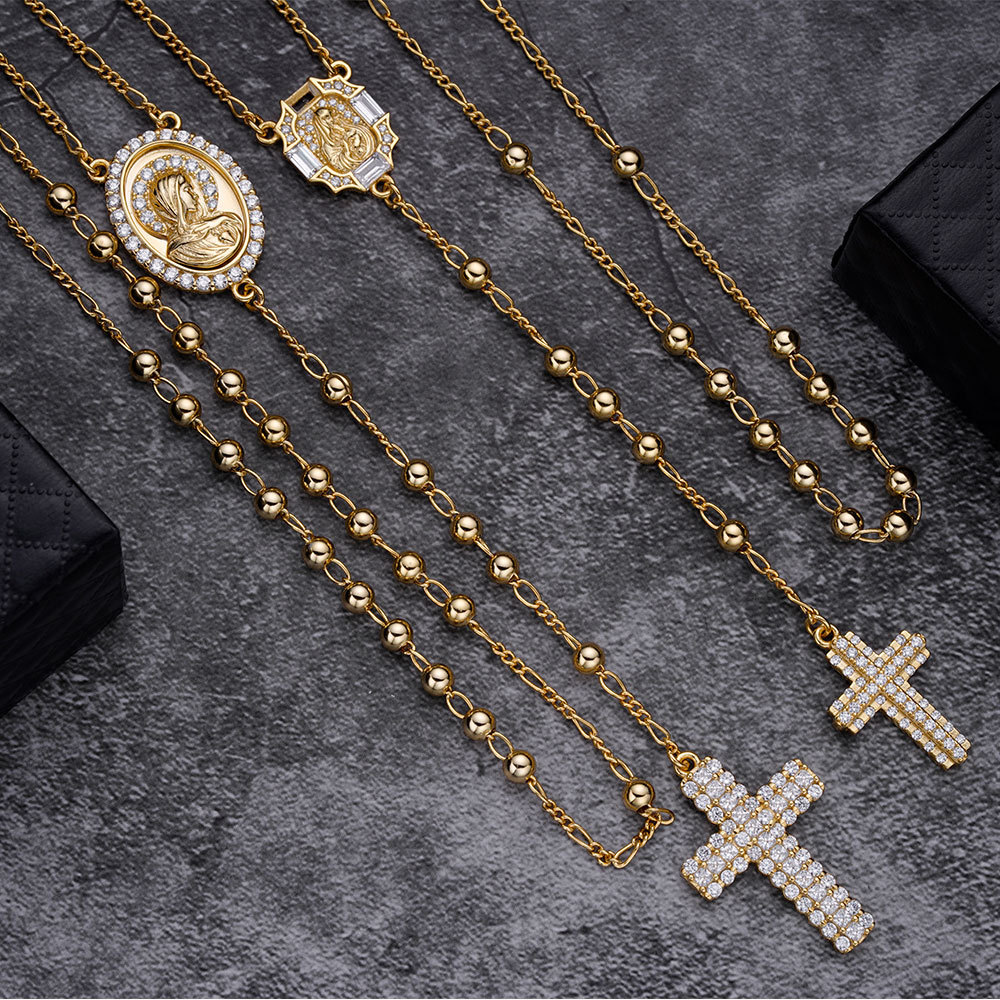 14k gold filled silver 925 big cross adjustable rosary chains necklace