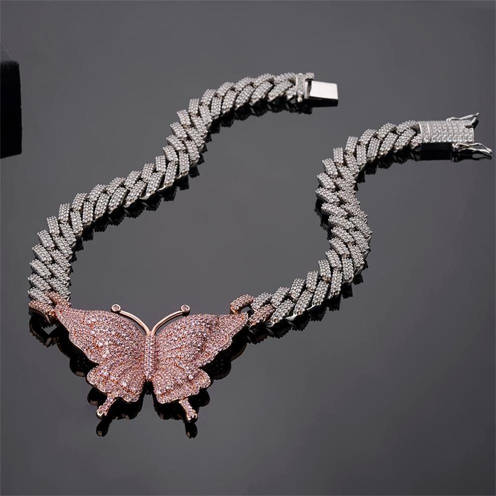 Fashion Pink Rose Gold Mega Butterfly Pendant Necklaces Cubic Zirconia Fake Diamond Chunky 14K Gold Plated Big Choker Chains