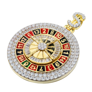 2022 Hip Hop Latest Design 14k Gold Plated Men Round Iced Out CZ Diamond Cartoon Roulette Casino Enamel Spin Charm Pendants