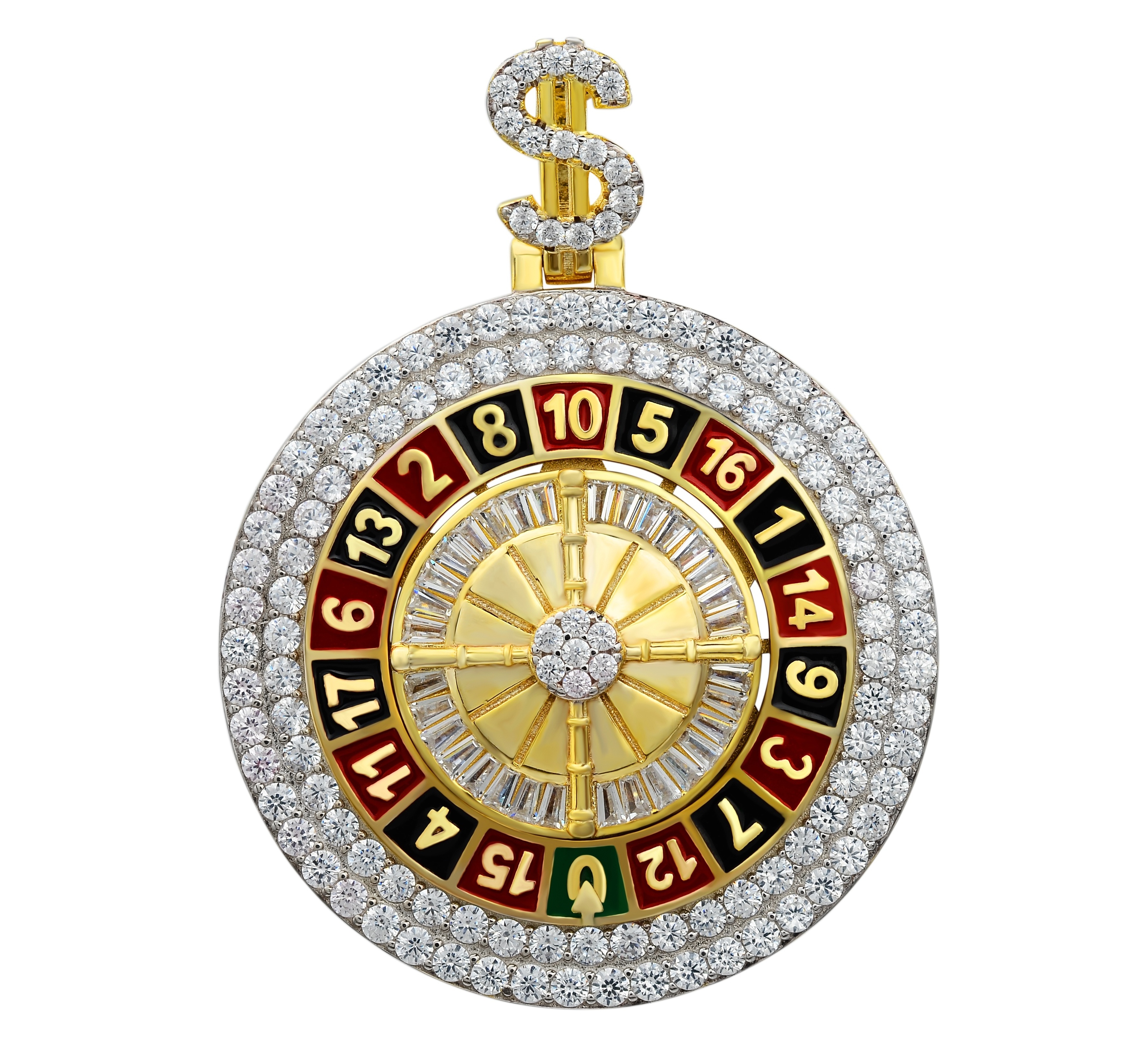 2022 Hip Hop Latest Design 14k Gold Plated Men Round Iced Out CZ Diamond Cartoon Roulette Casino Enamel Spin Charm Pendants