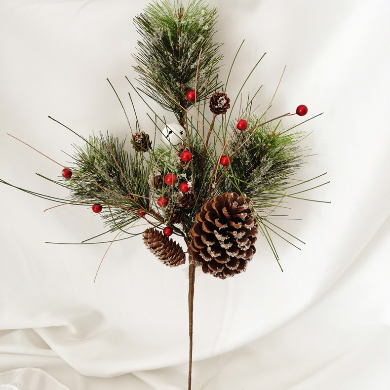 51CM Christmas tree decoration spray artificial pine needle with bell and snow plastic artificial pine needles branch