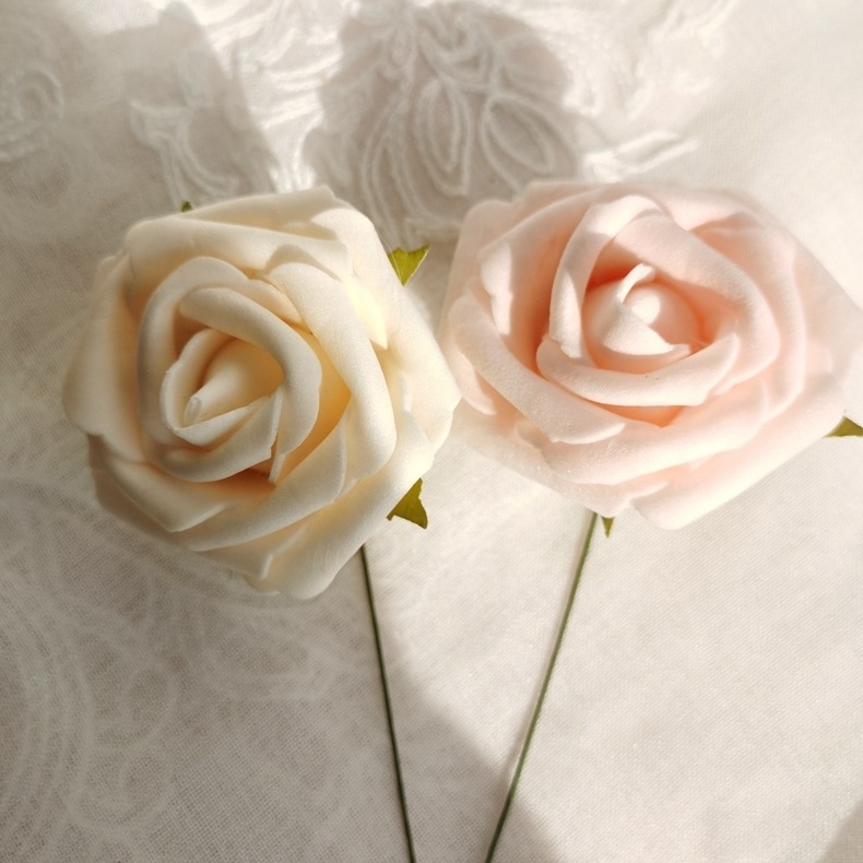 Artificial Flowers 50pcs Real Looking Ivory Foam Fake Roses with Stems for DIY Wedding Bouquets White Baby Shower Center