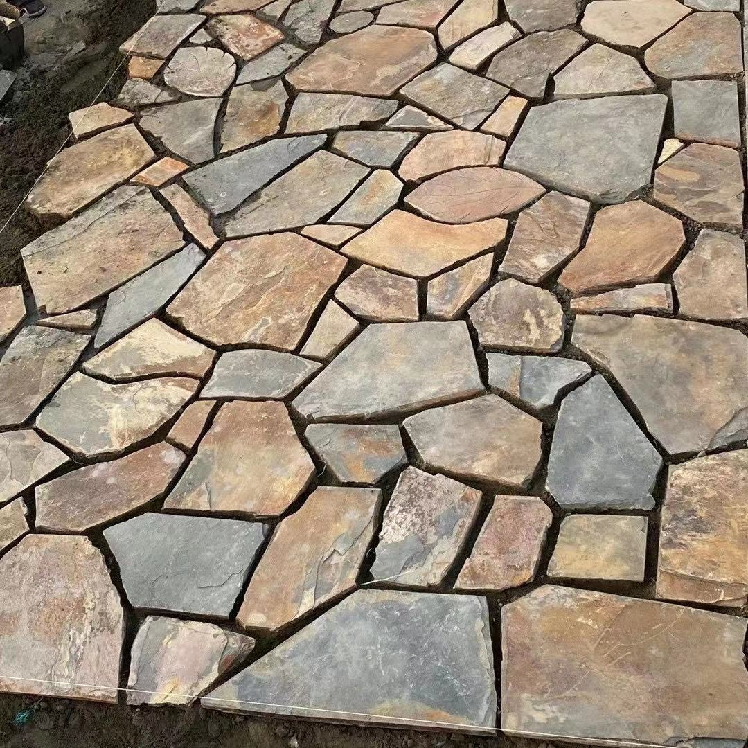 Factory natural grey black rusty irregular random slate flagstone slate with mesh backing,paving stone