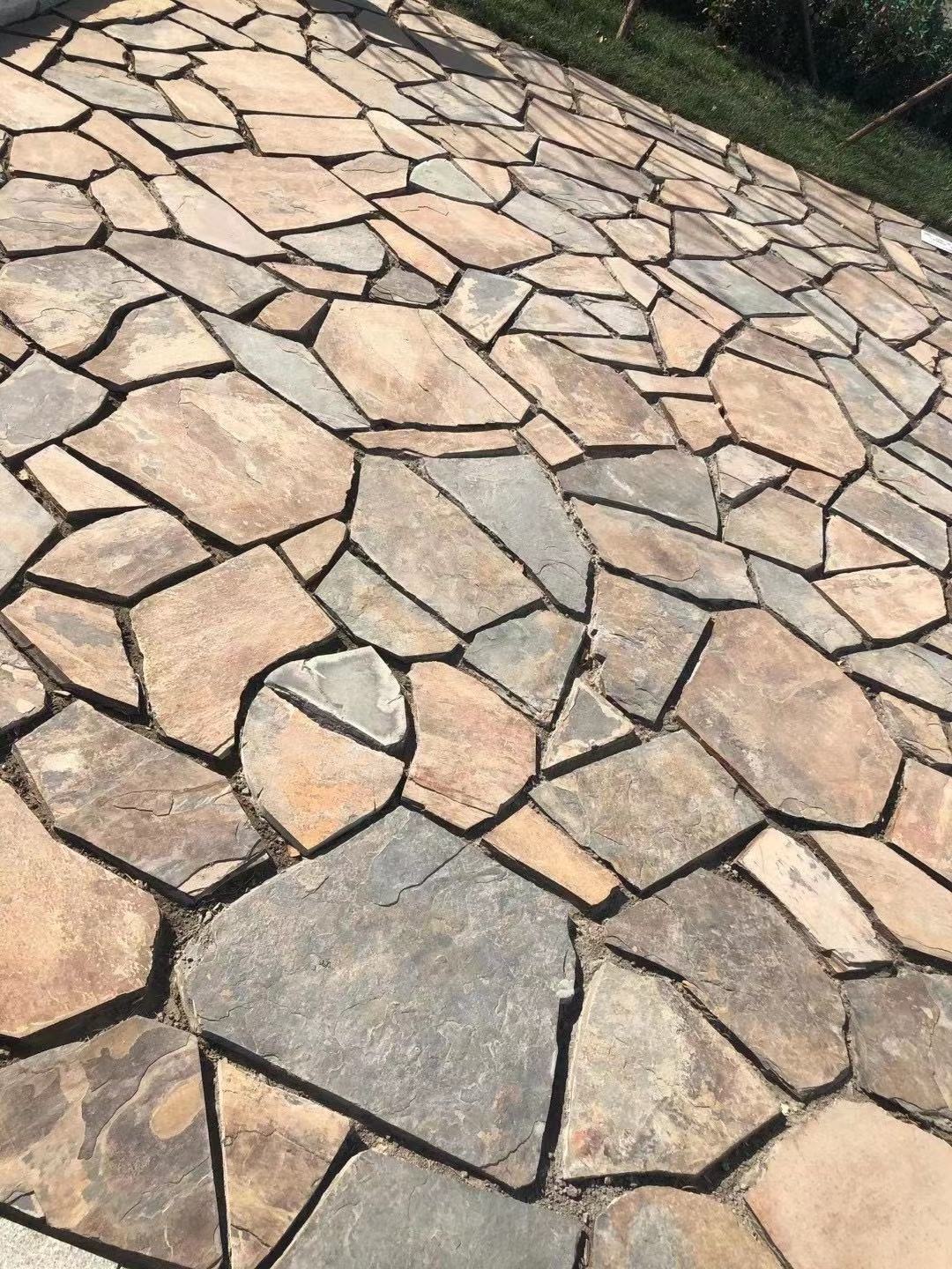 Factory natural grey black rusty irregular random slate flagstone slate with mesh backing,paving stone