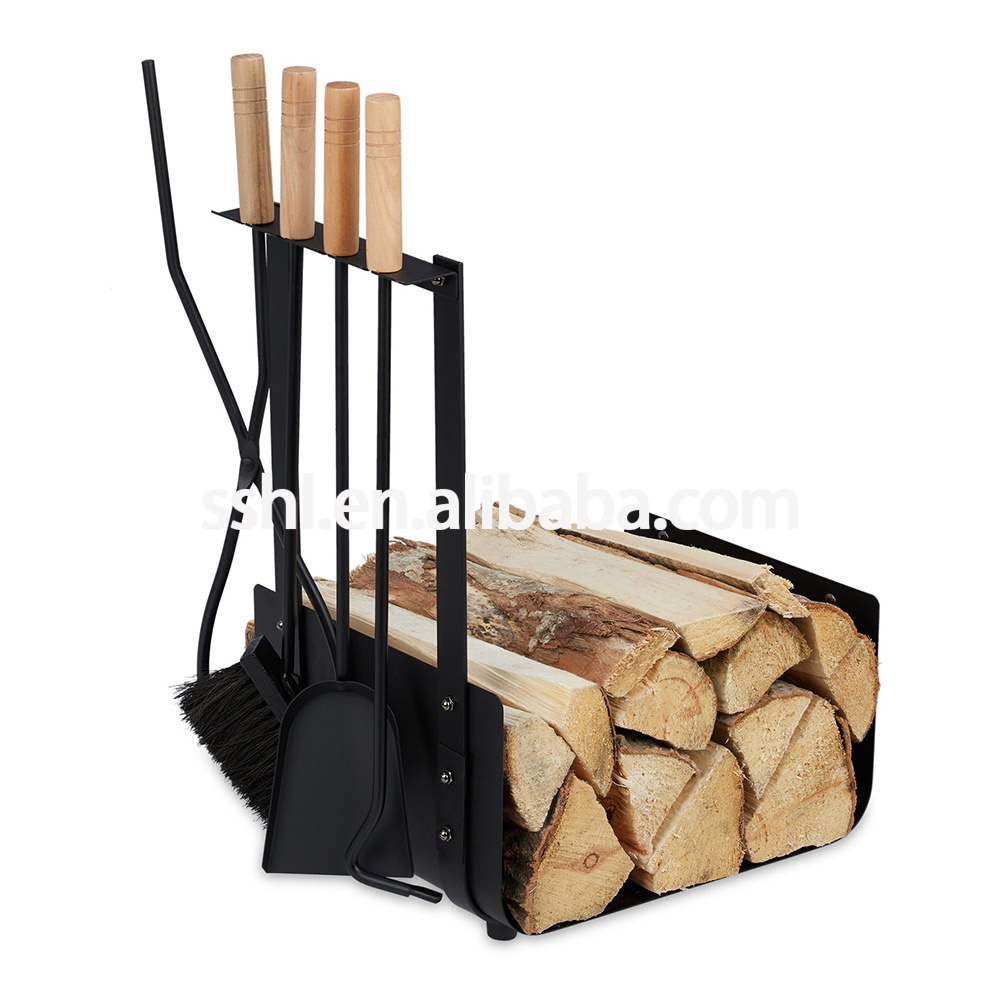 Firewood Rack Fireplace Log Rack With 4 Pcs Tools Set Grey Indoor Outdoor Firewood Holders Log Cart