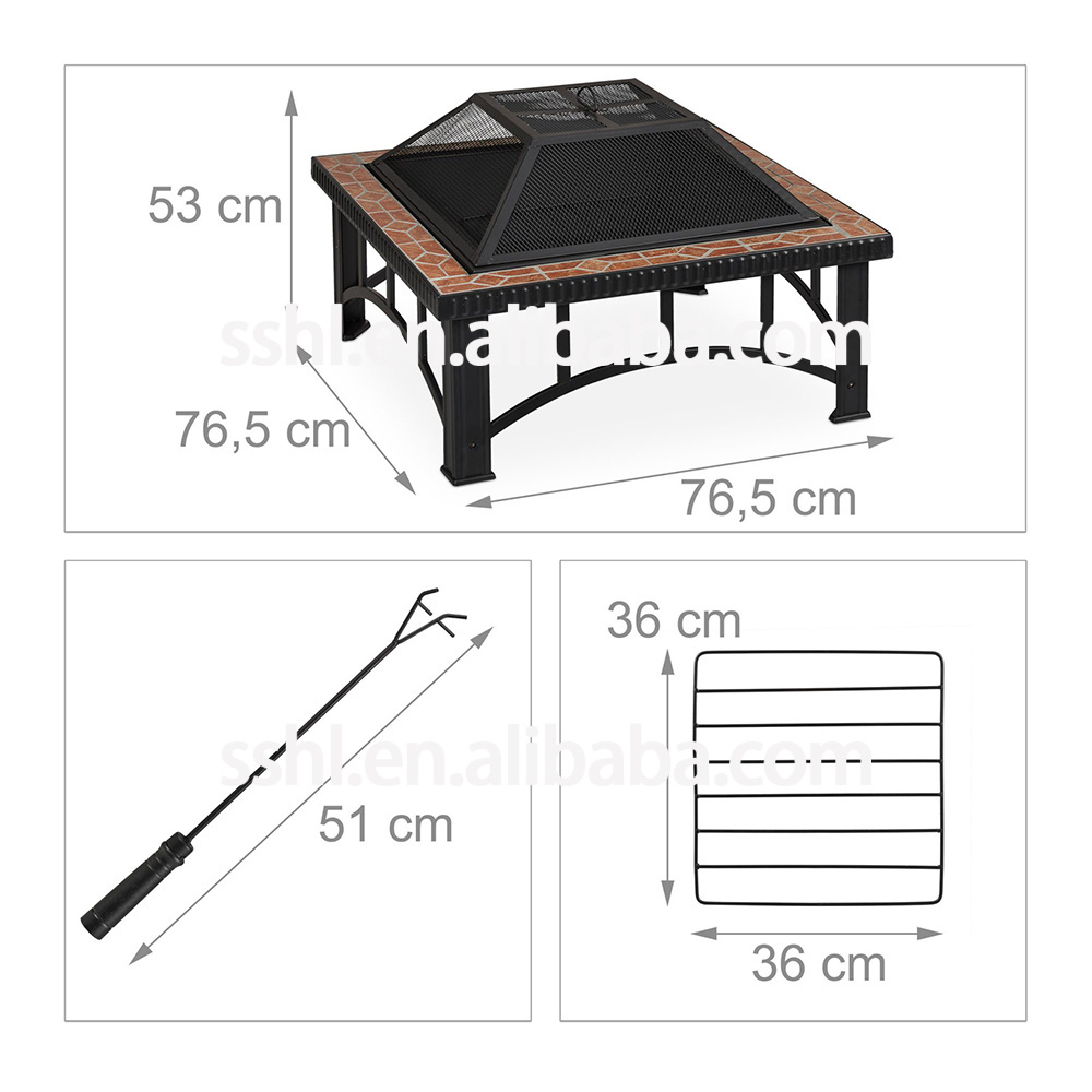 Square Portable Outdoor Garden Concrete Patio Fire Pit With Tile Table Metal 3 in 1Barbecue Grill