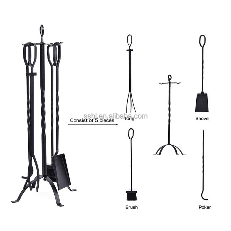 Modern Fireplace Accessories Fire Pit Tool 5pcs Fireplace Tool set Wrought Iron fireset