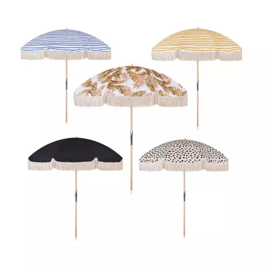 high quality wooden beach umbrella with fringe custom  printing macrame umbrella tassels umbrella