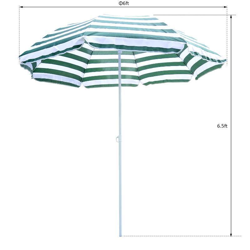 6ft Portable Green Stripe Large Tilting Balcony Patio Beach Umbrella Outdoor for Summer Holiday