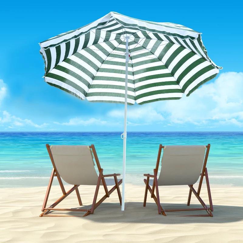 6ft Portable Green Stripe Large Tilting Balcony Patio Beach Umbrella Outdoor for Summer Holiday