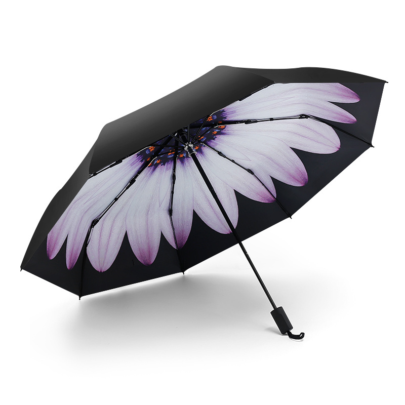 Lady flower printing personal 3 folding black glue UV protection sun umbrella