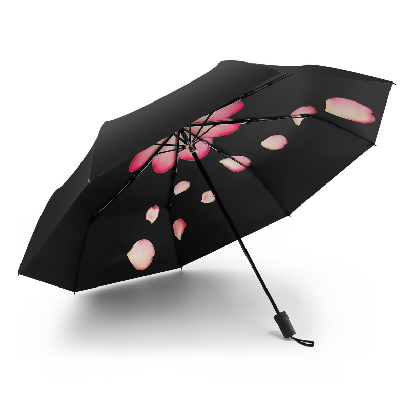 Lady flower printing personal 3 folding black glue UV protection sun umbrella