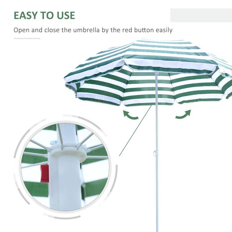 6ft Portable Green Stripe Large Tilting Balcony Patio Beach Umbrella Outdoor for Summer Holiday