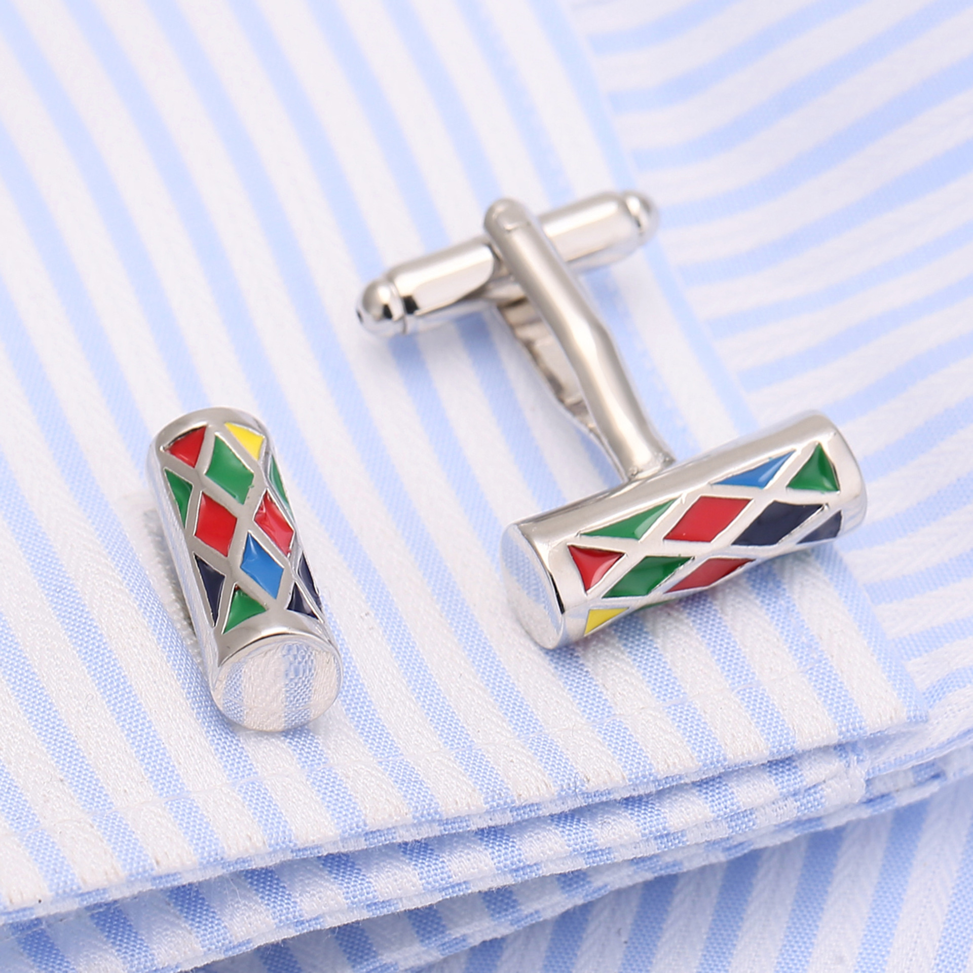 High Quality Cylindrical Enamel Design Mens Wedding Personalised White Shirt Cufflinks with Box