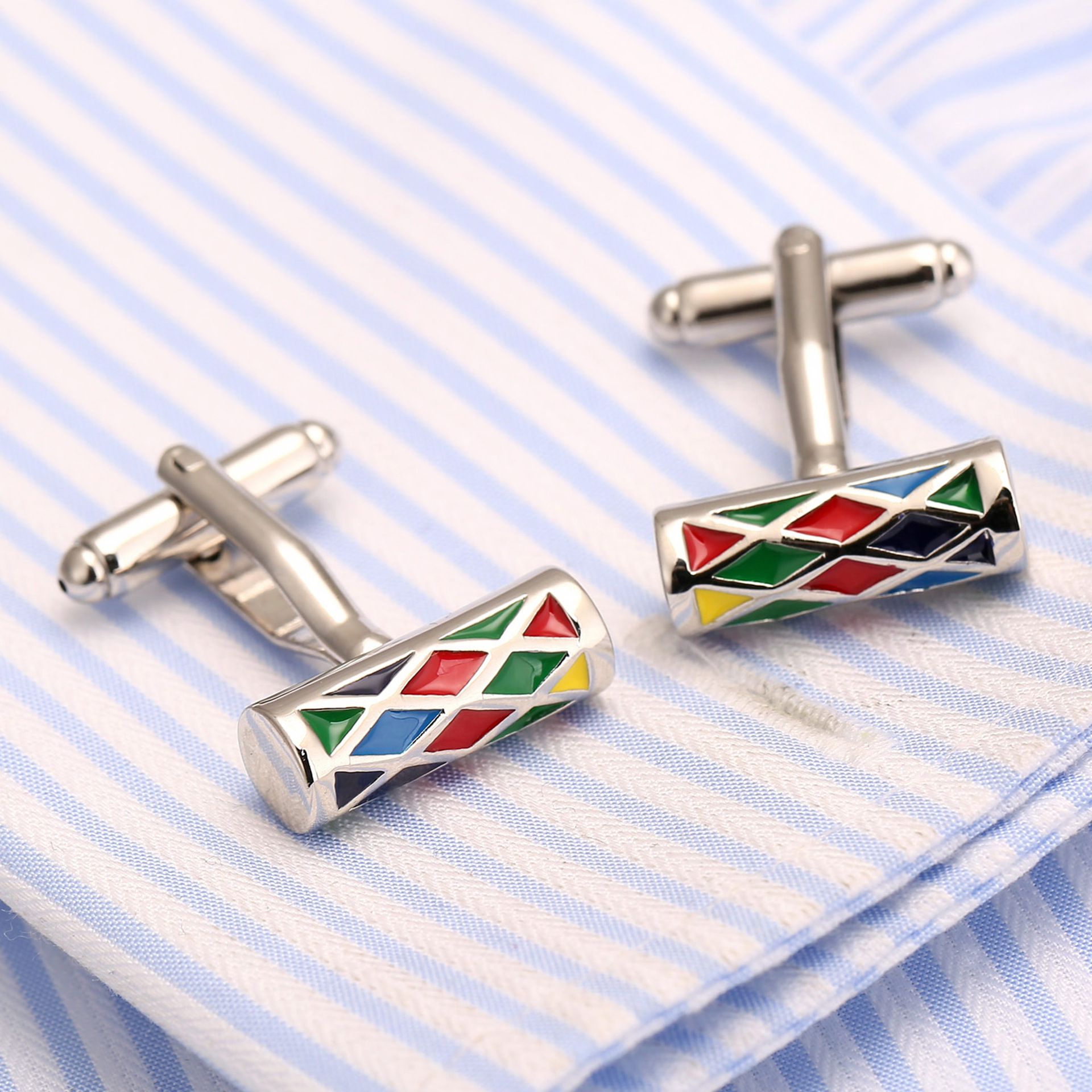 High Quality Cylindrical Enamel Design Mens Wedding Personalised White Shirt Cufflinks with Box