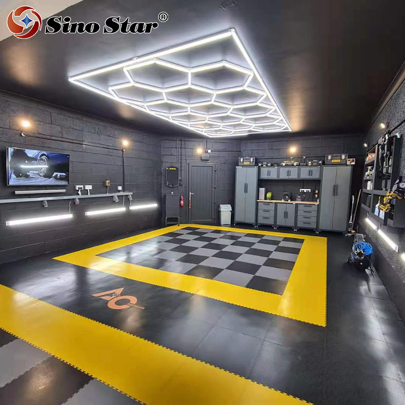 Car Detailing 6500K Led Garage Light 15.88 fts x 7.98 fts Hexagonal Grid Systems Honeycomb Ceiling Lights for auto Workshop gym