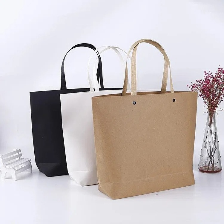 Custom Wholesale sac papier kraft tote bag gold foil Logo printed thicken brown kraft shopping carry paper bags