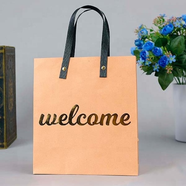 Custom Wholesale sac papier kraft tote bag gold foil Logo printed thicken brown kraft shopping carry paper bags