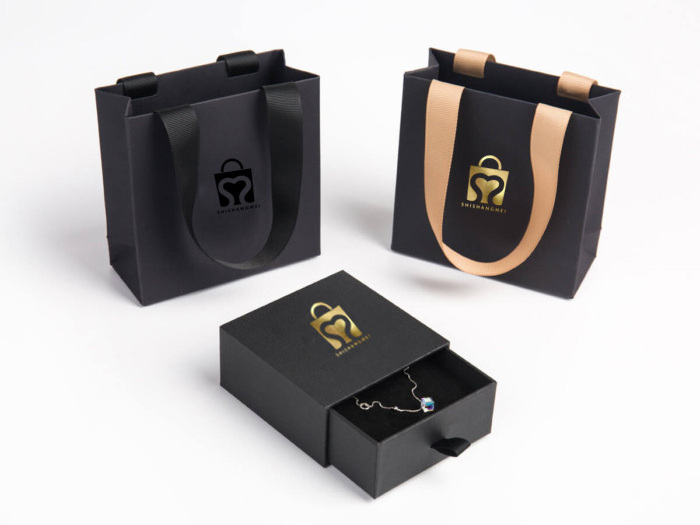 Custom Logo cardboard thank you black cosmetics perfume Jewelry gift paper bag small premium store shopping bag