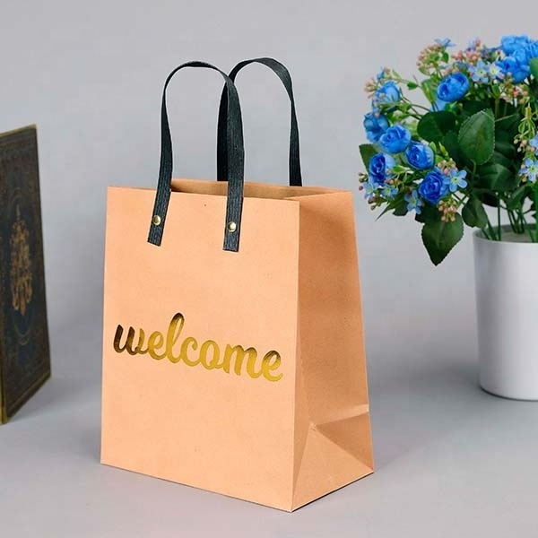 Custom Wholesale sac papier kraft tote bag gold foil Logo printed thicken brown kraft shopping carry paper bags