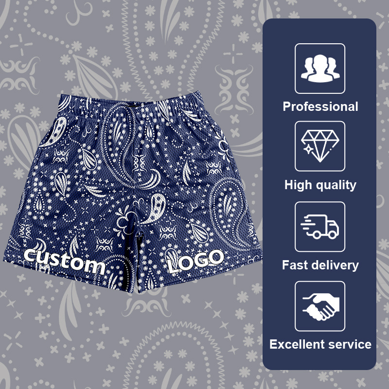 Wholesale Customised LOGO High Quality Summer Pocket Print Casual Paisley Pattern gym wear men 5 inch designer Men's Mesh Shorts