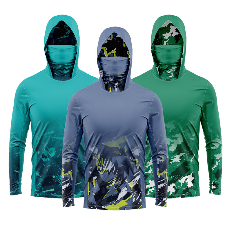 High quality Wholesale Camouflage Hooded Face Mask Sun Protection Long Sleeve Fishing Shirts For Men Uv Protection