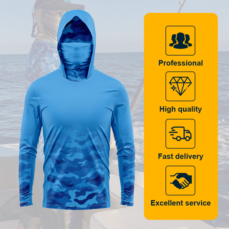 High quality Wholesale Camouflage Hooded Face Mask Sun Protection Long Sleeve Fishing Shirts For Men Uv Protection